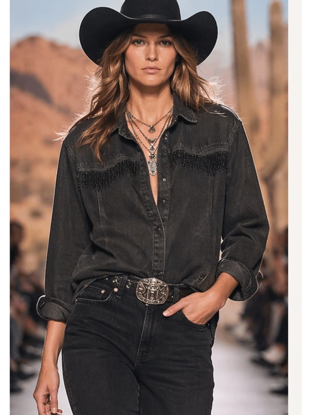 Massimo Dutti Western Denim Beaded Fringe Shirt in Black - Picture 1 of 12